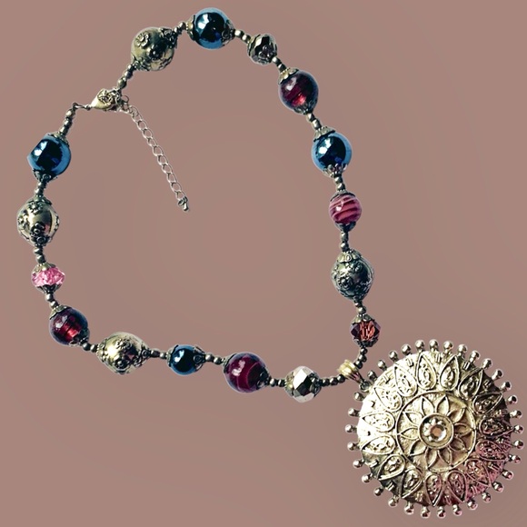 Silver and Dark Multi-color Bead Pendant Necklace - Picture 2 of 3